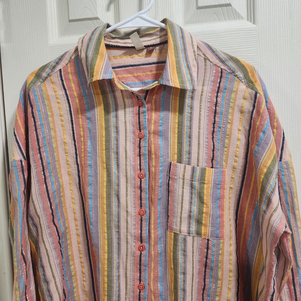 Pilcro XS Striped Button Up Shirt Metallic Thread Cotton Oversized Boho - Picture 2 of 13